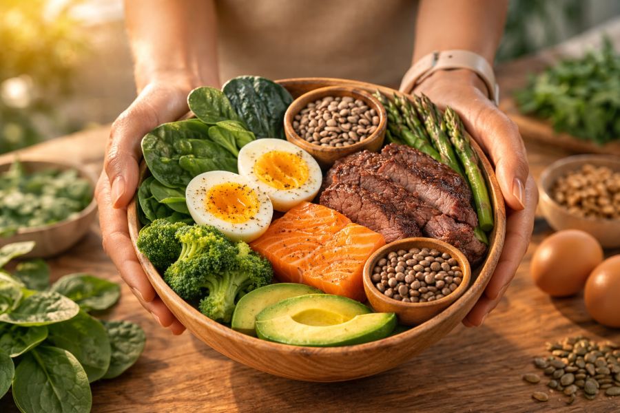 Whole foods rich in B vitamins representing energy production and stress support