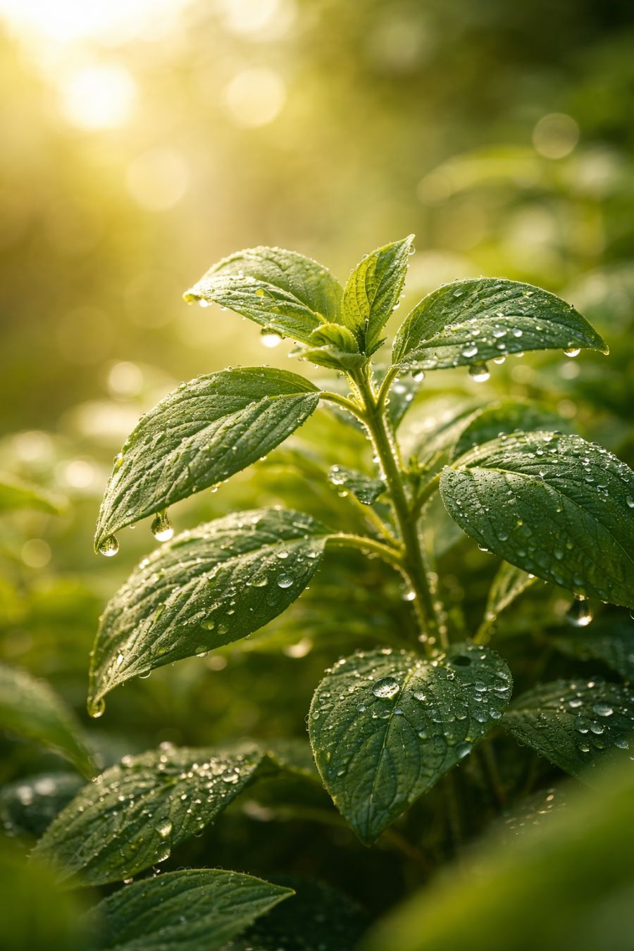 Close-up of green herb leaves with morning dew in soft sunlight, symbolizing resilience, balance, and natural stress support