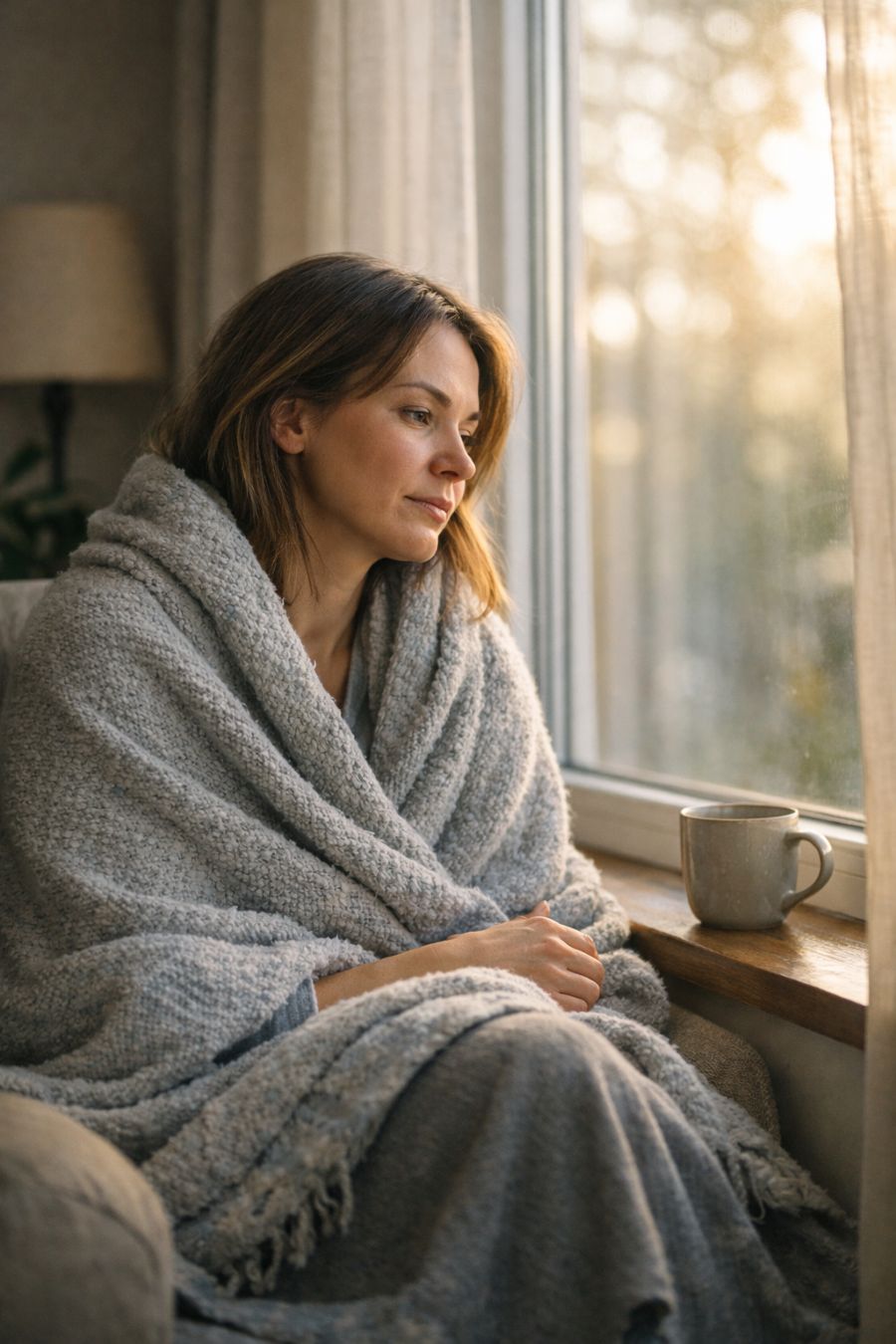 A tired person wrapped in a blanket sitting by a window in soft morning light, representing adrenal fatigue recovery and gradual healing from chronic stress.
