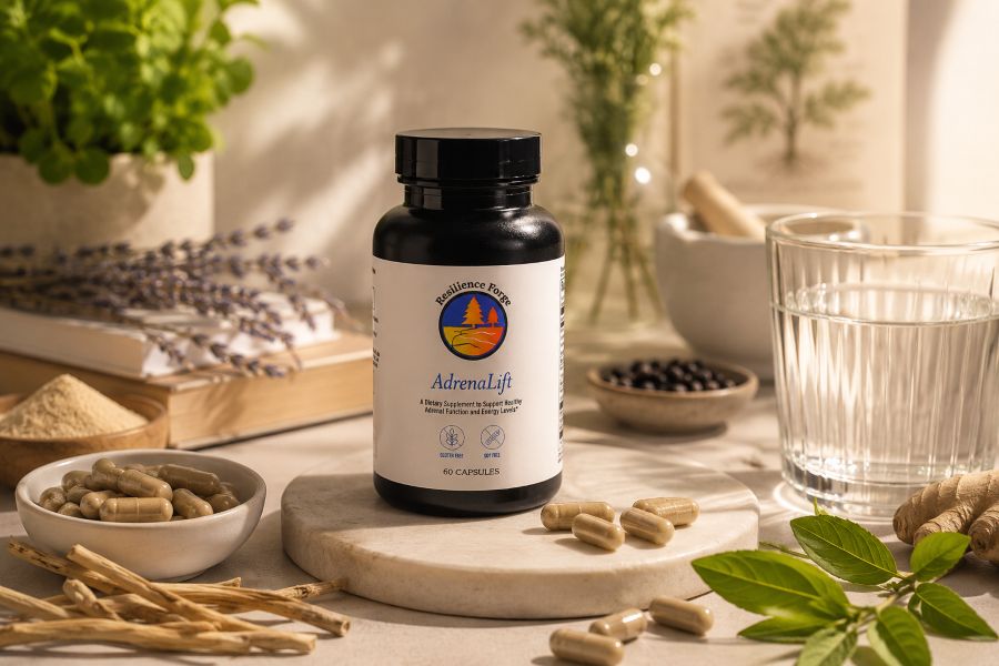 AdrenaLift adrenal support supplement surrounded by natural wellness ingredients in warm lighting, representing adrenal glandular support and stress resilience.