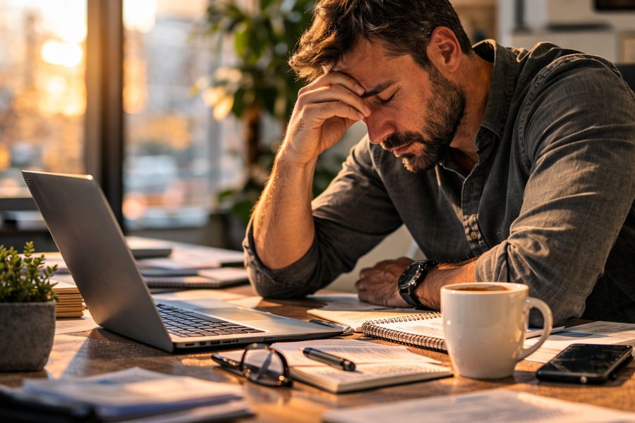 Professional experiencing afternoon energy crash and fatigue at desk around 3 PM