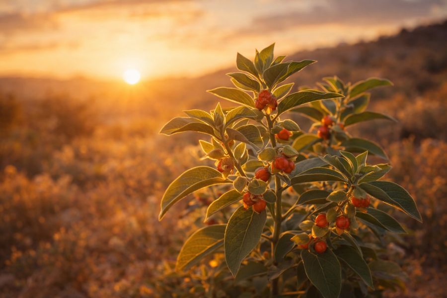 Ashwagandha plant in warm sunset light representing stress relief and relaxation
