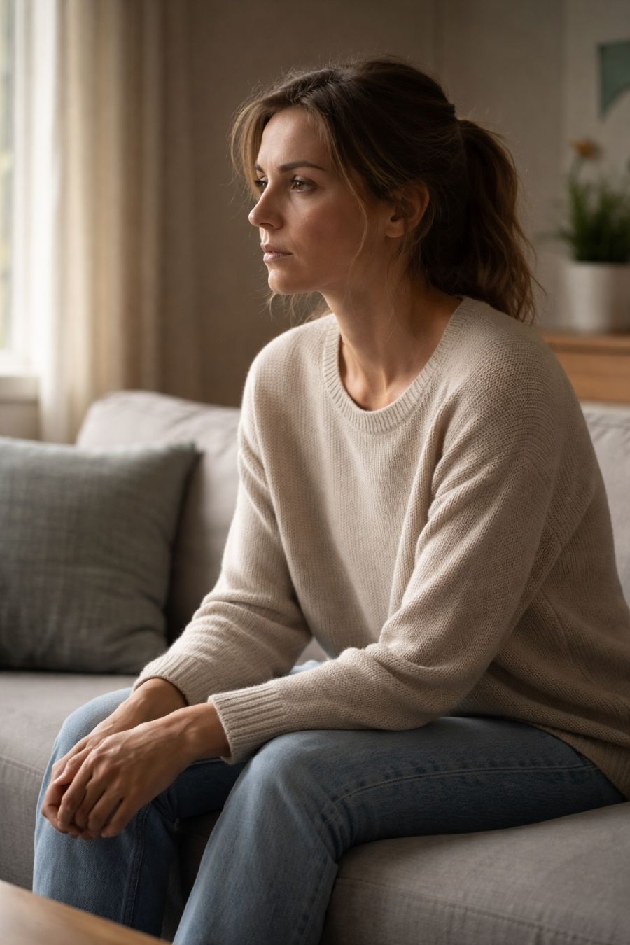 Person sitting calmly in a quiet room with tense posture and distant gaze, illustrating chronic stress nervous system imbalance despite a peaceful environment