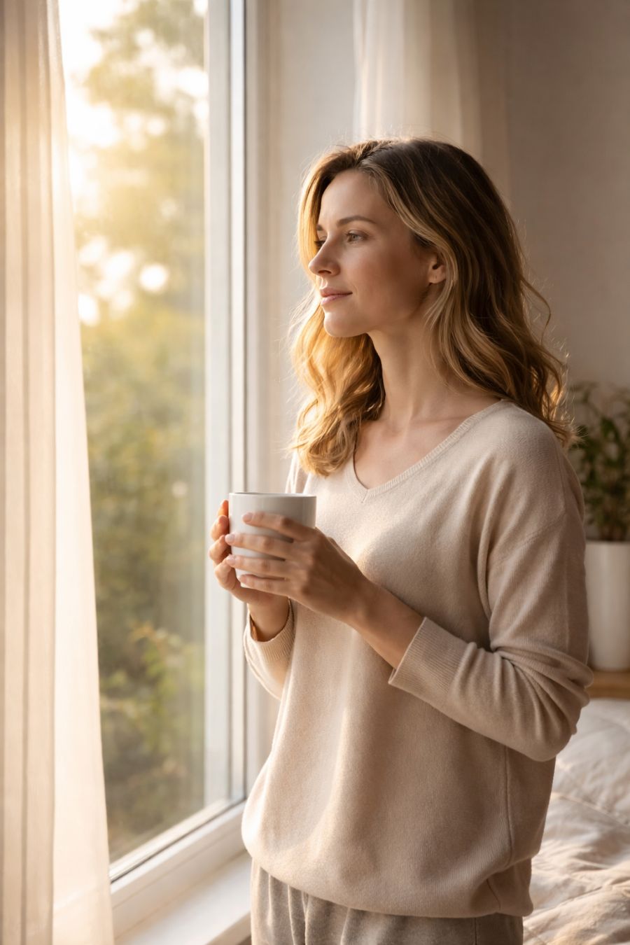 “Woman standing by sunlit window in the morning representing healthy cortisol circadian rhythm.”