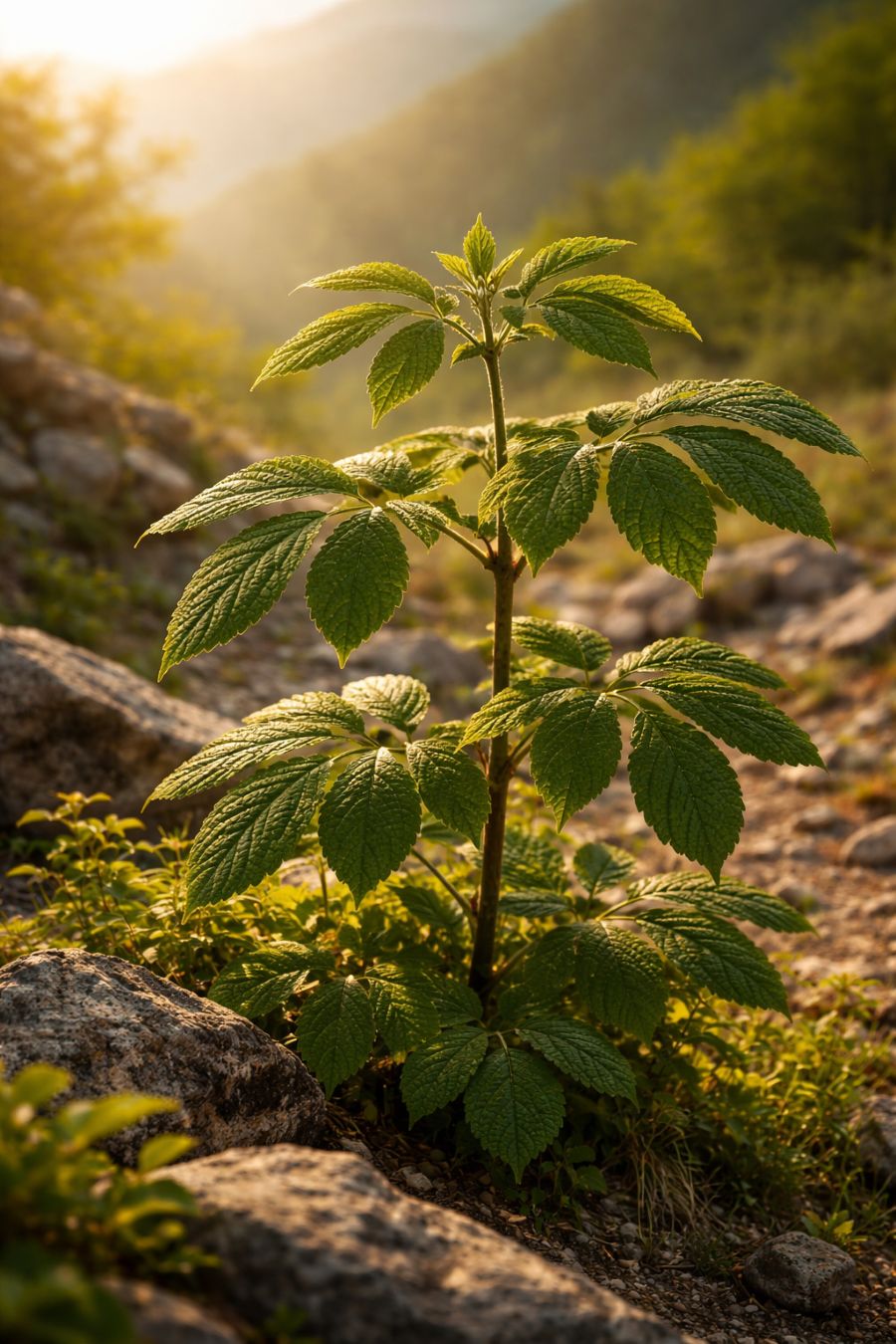 Eleuthero plant with compound green leaves growing in a mountainous landscape under warm sunlight, symbolizing stress resilience and sustained energy