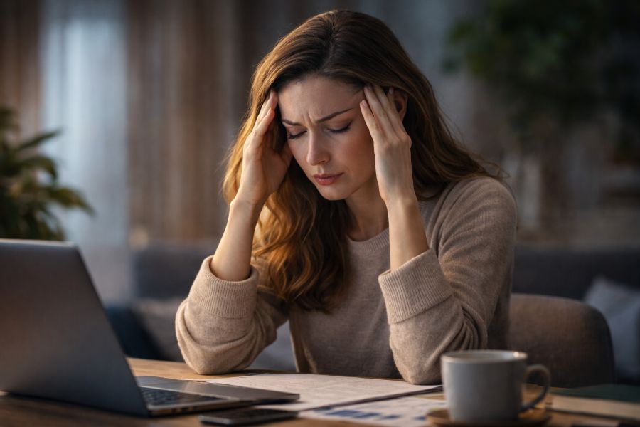 Woman experiencing stress and fatigue representing fight or flight symptoms from chronic stress