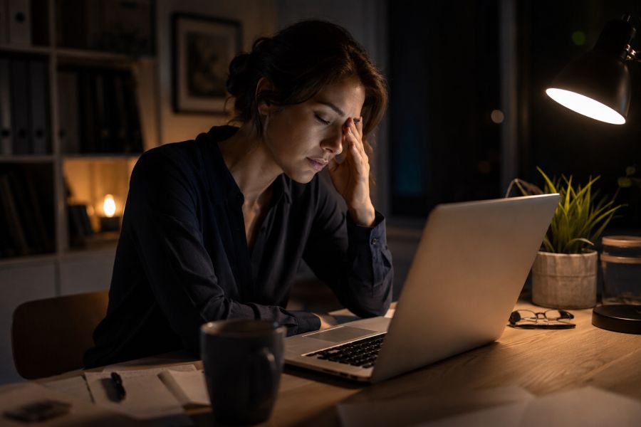 Exhausted high-performing professional working late at a laptop under dim lighting, representing chronic stress and burnout in high achievers.