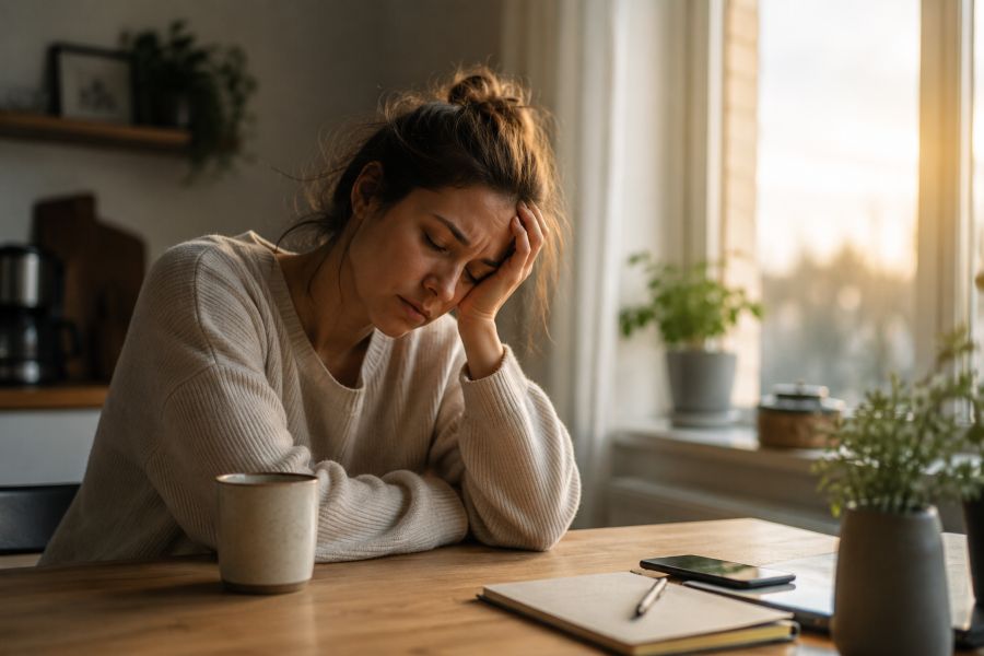 Exhausted woman sitting quietly in warm morning light with coffee nearby, representing low energy, burnout, and chronic stress exhaustion.