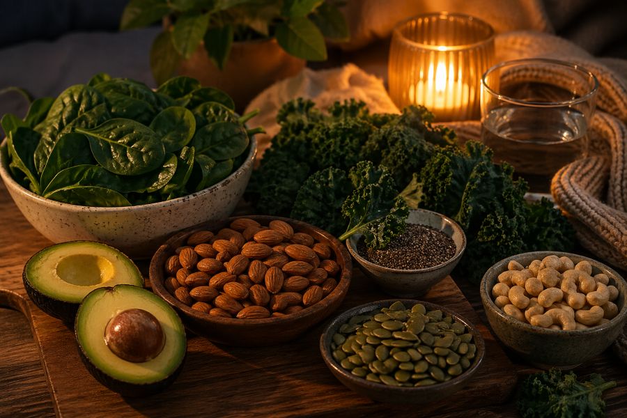 Magnesium-rich foods representing relaxation and nervous system support