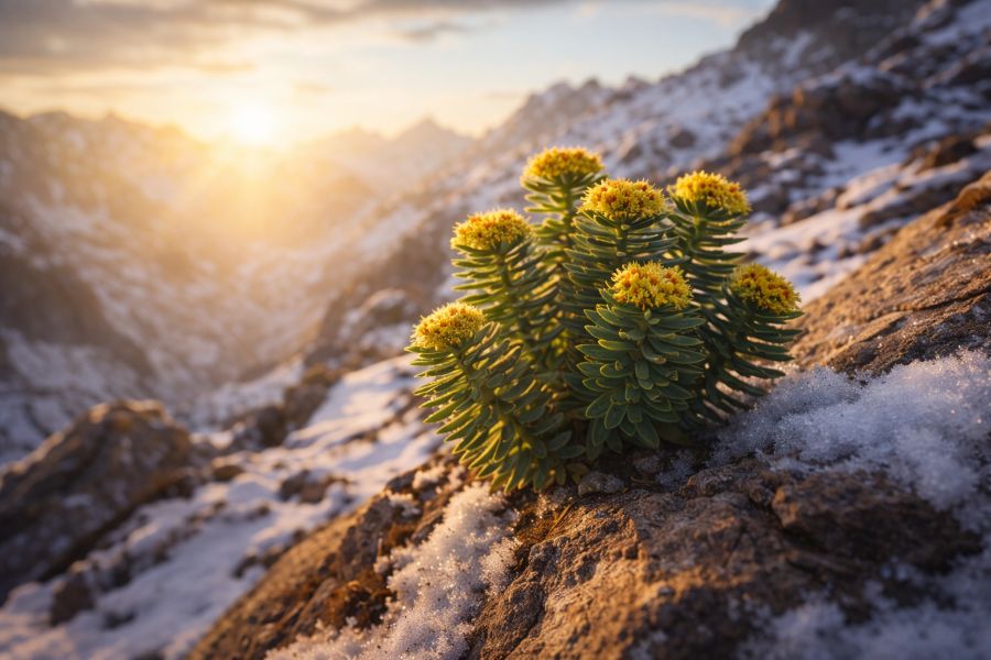Rhodiola rosea plant growing in a mountainous environment representing stress resilience and mental energy