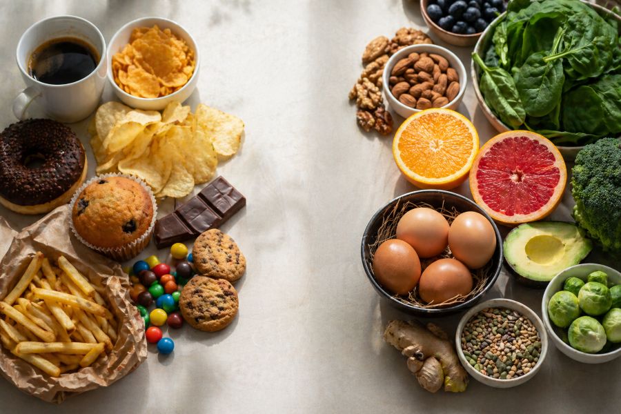 Split composition of processed foods like coffee, chips, and sweets on one side and nutrient-dense whole foods like leafy greens, citrus, eggs, and nuts on the other, representing nutrient depletion versus nourishment.