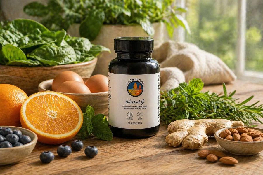 AdrenaLift supplement bottle with whole nutrient-dense foods in natural light representing support for stress, energy, and adrenal function