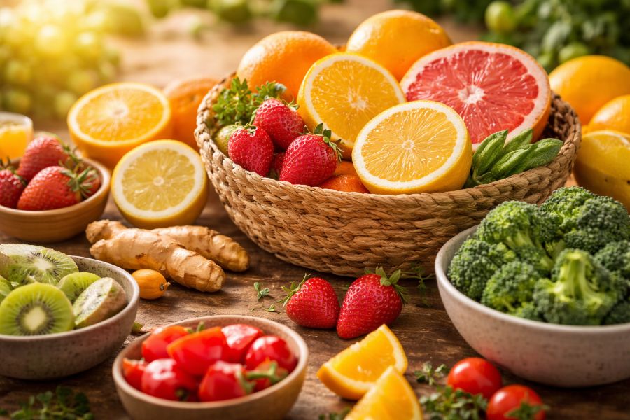 Citrus fruits and whole foods rich in vitamin C representing adrenal health and stress recovery