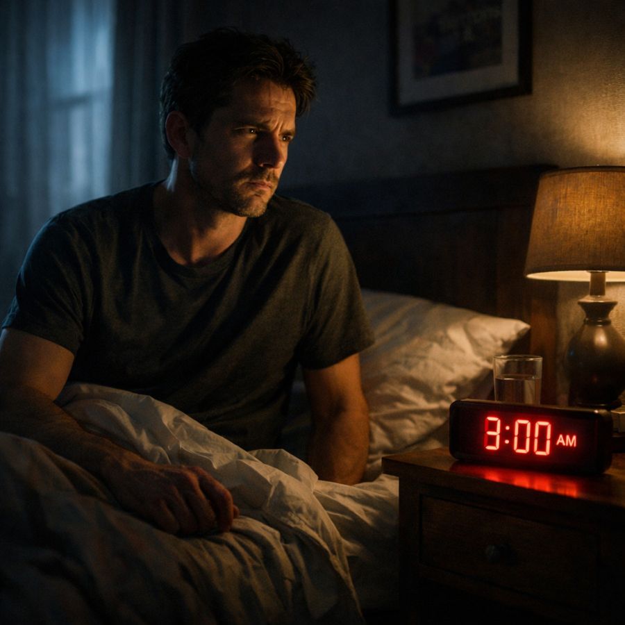 Person awake at 3 AM looking at clock in dim bedroom light representing stress-related sleep disruption