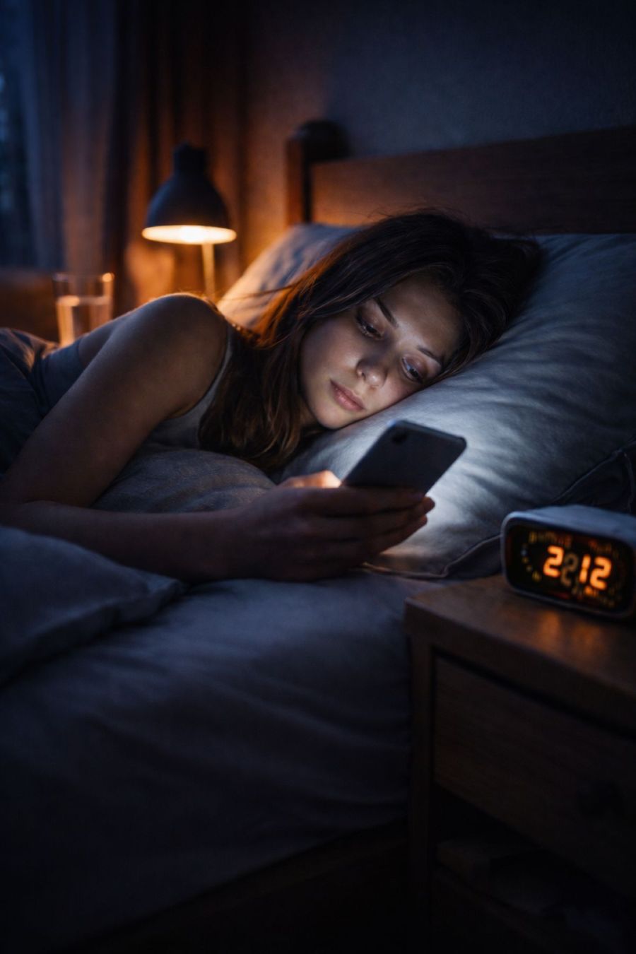 Person awake late at night feeling wired but tired due to stress and disrupted cortisol rhythm